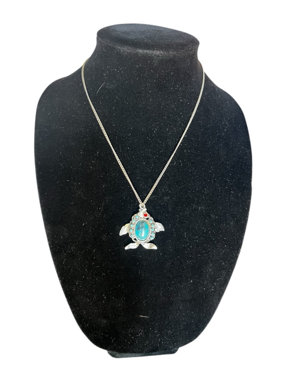 Silver Turtle Pendant Necklace with Turquoise Center